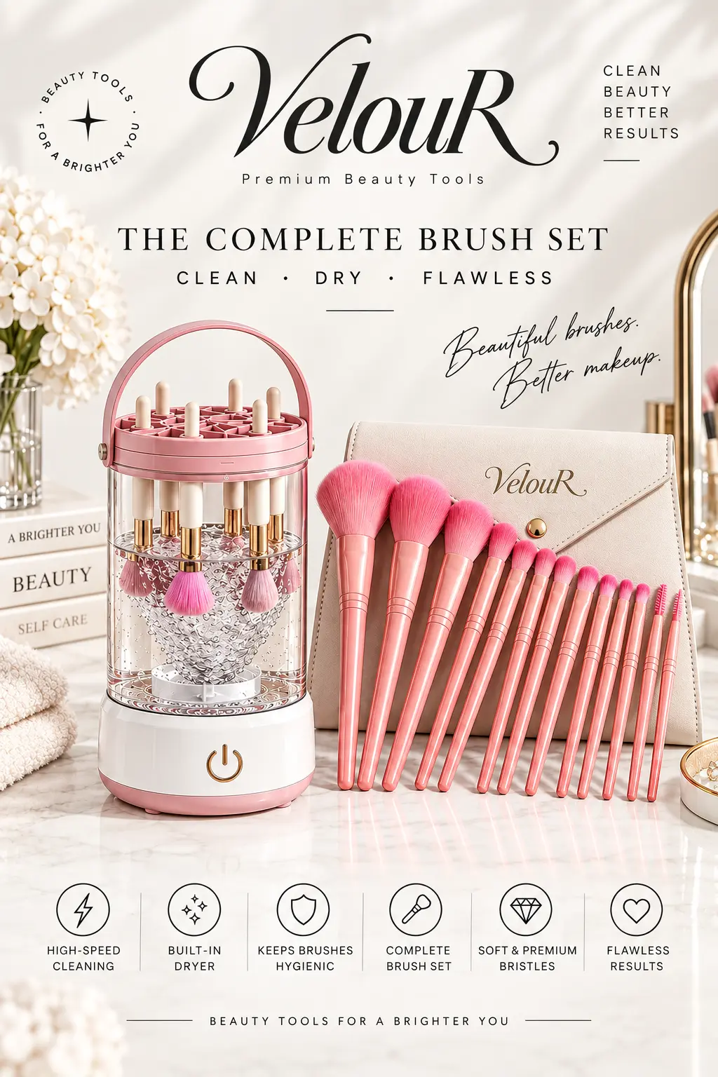 Velour complete brush set with cleaner and pink brushes