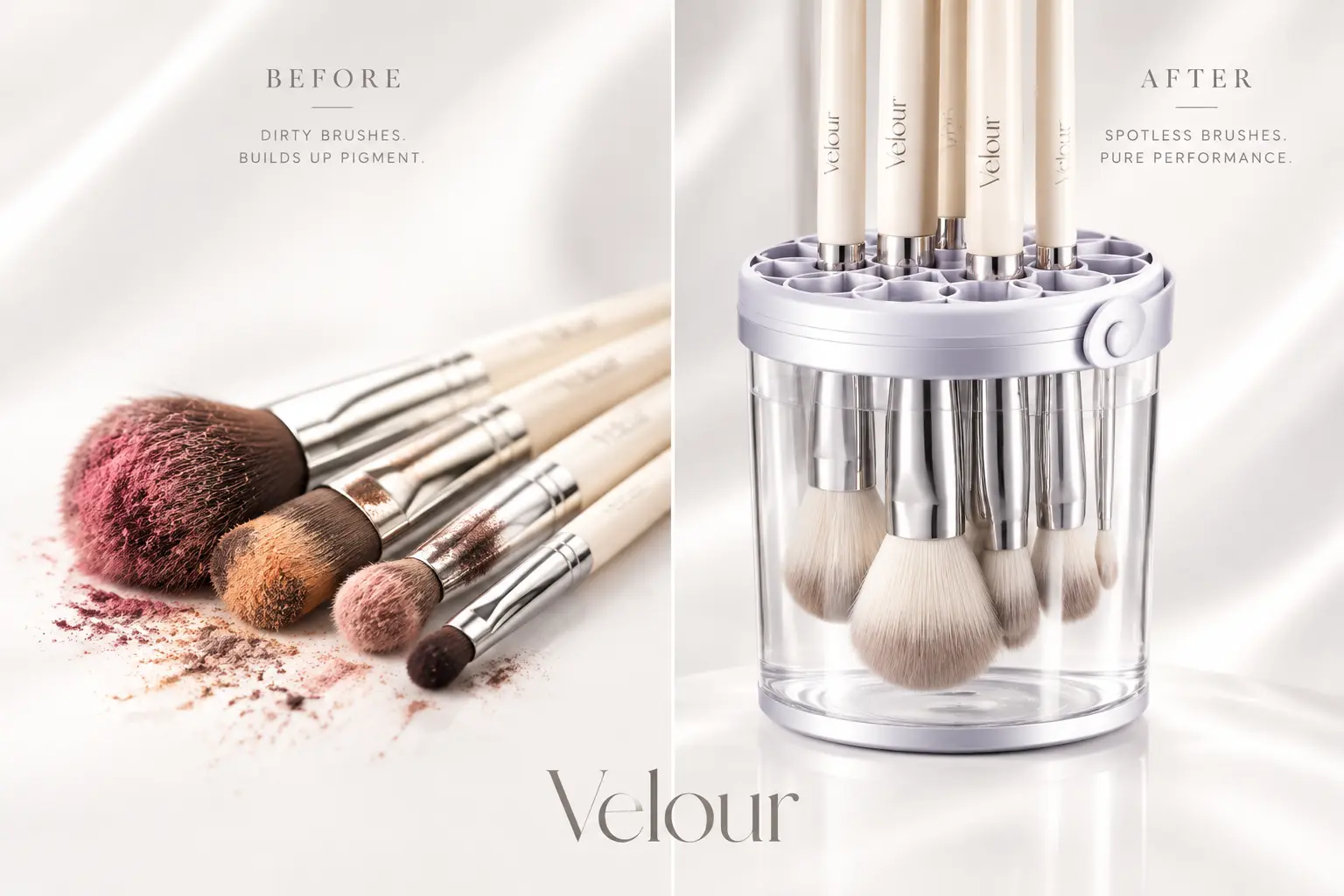 Makeup brushes before and after cleaning
